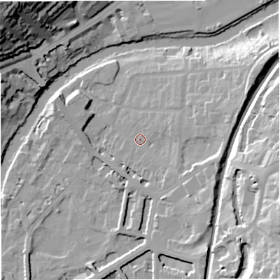 Shaded relief map of the ground around BA26QL, computed from Environment Agency LiDAR. The ground here sits at about 23 m above sea level and falls 46 m across the surrounding 800 m. Surface water reaching this point runs off ground lying to the east-north-east, 12.3 m higher.