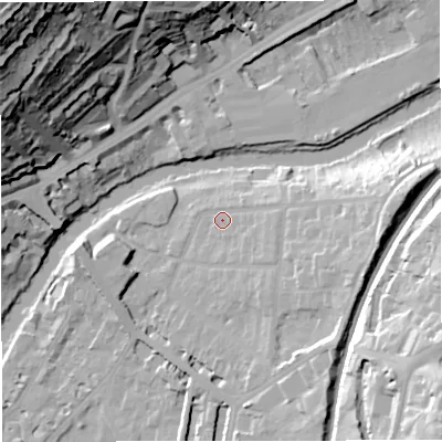 Shaded relief map of the ground around BA26QN, computed from Environment Agency LiDAR. The ground here sits at about 23 m above sea level and falls 67 m across the surrounding 800 m. Surface water reaching this point runs off ground lying to the east, 13.7 m higher.