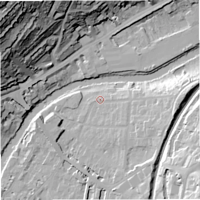 Shaded relief map of the ground around BA26QW, computed from Environment Agency LiDAR. The ground here sits at about 23 m above sea level and falls 76 m across the surrounding 800 m. Surface water reaching this point runs off ground lying to the east, 13.8 m higher.