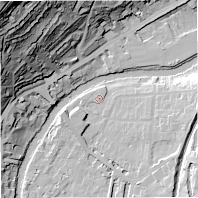 Shaded relief map of the ground around BA26QY, computed from Environment Agency LiDAR. The ground here sits at about 22 m above sea level and falls 93 m across the surrounding 800 m. Surface water reaching this point runs off ground lying to the east-south-east, 1.8 m higher.