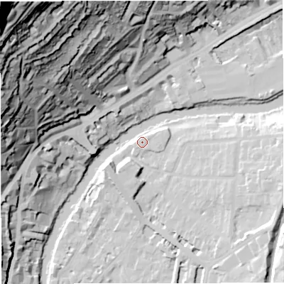 Shaded relief map of the ground around BA26QZ, computed from Environment Agency LiDAR. The ground here sits at about 22 m above sea level and falls 126 m across the surrounding 800 m. Surface water reaching this point runs off ground lying to the east, 12.5 m higher.