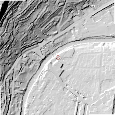 Shaded relief map of the ground around BA26RB, computed from Environment Agency LiDAR. The ground here sits at about 20 m above sea level and falls 124 m across the surrounding 800 m. Surface water reaching this point runs off ground lying to the east-south-east, 12.9 m higher.