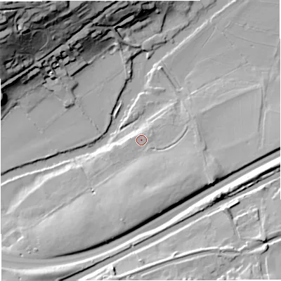 Shaded relief map of the ground around BA26TS, computed from Environment Agency LiDAR. The ground here sits at about 24 m above sea level and falls 52 m across the surrounding 800 m. Surface water reaching this point runs off ground lying to the south-south-east, 3.9 m higher.