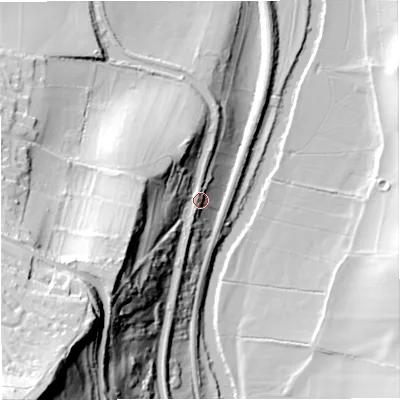 Shaded relief map of the ground around BA26TW, computed from Environment Agency LiDAR. The ground here sits at about 35 m above sea level and falls 106 m across the surrounding 800 m. Surface water reaching this point runs off ground lying to the south-west, 40.6 m higher.