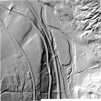 Shaded relief map of the ground around BA27BH, computed from Environment Agency LiDAR. The ground here sits at about 27 m above sea level and falls 103 m across the surrounding 800 m. Surface water reaching this point runs off ground lying to the west-north-west, 10.5 m higher.