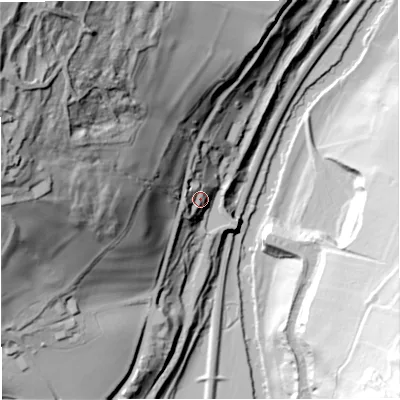 Shaded relief map of the ground around BA27BL, computed from Environment Agency LiDAR. The ground here sits at about 47 m above sea level and falls 128 m across the surrounding 800 m. Surface water reaching this point runs off ground lying to the west, 18.1 m higher.