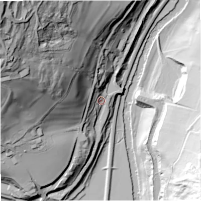 Shaded relief map of the ground around BA27BN, computed from Environment Agency LiDAR. The ground here sits at about 39 m above sea level and falls 125 m across the surrounding 800 m. Surface water reaching this point runs off ground lying to the west-north-west, 89.2 m higher.