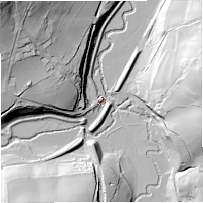 Shaded relief map of the ground around BA27DD, computed from Environment Agency LiDAR. The ground here sits at about 34 m above sea level and falls 91 m across the surrounding 800 m. Surface water reaching this point runs off ground lying to the west-north-west, 39.1 m higher.
