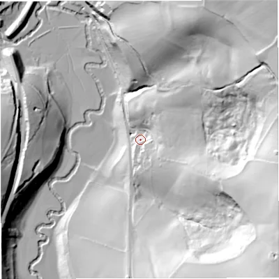 Shaded relief map of the ground around BA27DE, computed from Environment Agency LiDAR. The ground here sits at about 47 m above sea level and falls 101 m across the surrounding 800 m. Surface water reaching this point runs off ground lying to the east-north-east, 74.2 m higher.