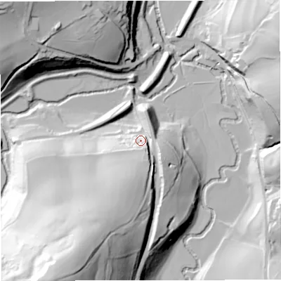 Shaded relief map of the ground around BA27DG, computed from Environment Agency LiDAR. The ground here sits at about 49 m above sea level and falls 78 m across the surrounding 800 m. Surface water reaching this point runs off ground lying to the south-south-west, 27.7 m higher.