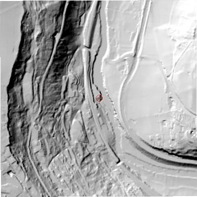 Shaded relief map of the ground around BA27FJ, computed from Environment Agency LiDAR. The ground here sits at about 27 m above sea level and falls 112 m across the surrounding 800 m. Surface water reaching this point runs off ground lying to the west-south-west, 112.1 m higher.