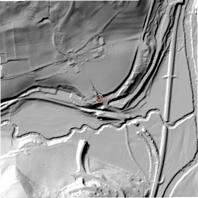 Shaded relief map of the ground around BA27JD, computed from Environment Agency LiDAR. The ground here sits at about 45 m above sea level and falls 96 m across the surrounding 800 m. Surface water reaching this point runs off ground lying to the north-north-west, 71.2 m higher.
