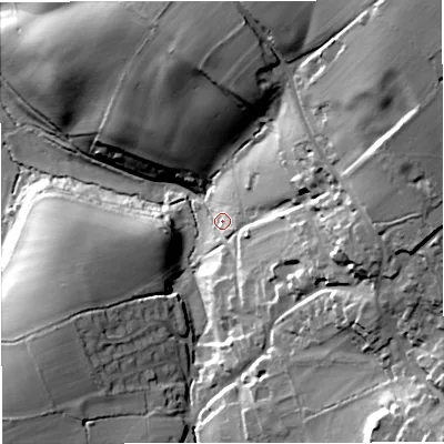 Shaded relief map of the ground around BA27NB, computed from Environment Agency LiDAR. The ground here sits at about 84 m above sea level and falls 57 m across the surrounding 800 m. Surface water reaching this point runs off ground lying to the east-north-east, 44.3 m higher.