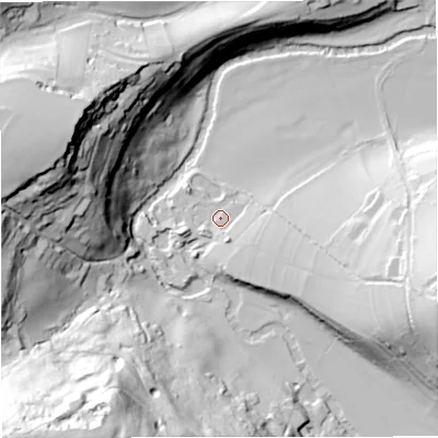 Shaded relief map of the ground around BA27PL, computed from Environment Agency LiDAR. The ground here sits at about 31 m above sea level and falls 77 m across the surrounding 800 m. Surface water reaching this point runs off ground lying to the east-south-east, 21.3 m higher.