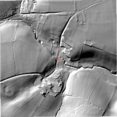 Shaded relief map of the ground around BA27QY, computed from Environment Agency LiDAR. The ground here sits at about 63 m above sea level and falls 30 m across the surrounding 800 m. Surface water reaching this point runs off ground lying to the south-west, 25.1 m higher.
