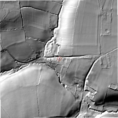 Shaded relief map of the ground around BA27QZ, computed from Environment Agency LiDAR. The ground here sits at about 74 m above sea level and falls 33 m across the surrounding 800 m. Surface water reaching this point runs off ground lying to the north-east, 13.3 m higher.