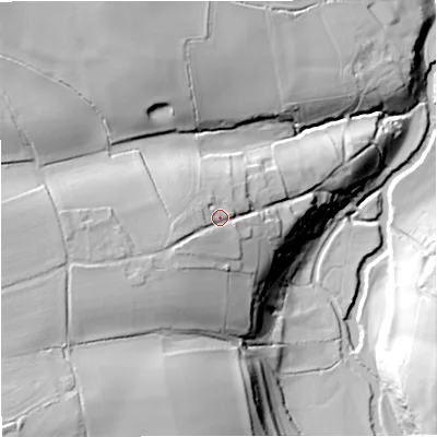 Shaded relief map of the ground around BA27RL, computed from Environment Agency LiDAR. The ground here sits at about 68 m above sea level and falls 43 m across the surrounding 800 m. Surface water reaching this point runs off ground lying to the west, 9.0 m higher.