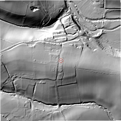 Shaded relief map of the ground around BA27RR, computed from Environment Agency LiDAR. The ground here sits at about 74 m above sea level and falls 50 m across the surrounding 800 m. Surface water reaching this point runs off ground lying to the west-south-west, 5.5 m higher.