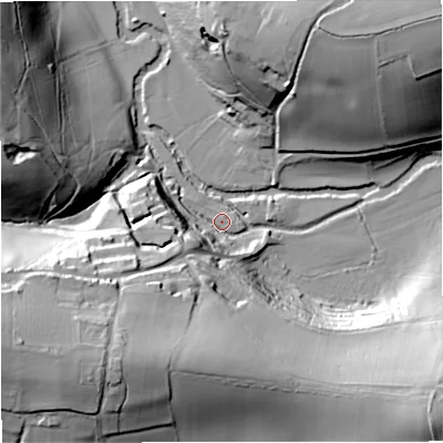 Shaded relief map of the ground around BA27RS, computed from Environment Agency LiDAR. The ground here sits at about 34 m above sea level and falls 49 m across the surrounding 800 m. Surface water reaching this point runs off ground lying to the west-south-west, 46.7 m higher.