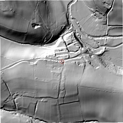 Shaded relief map of the ground around BA27RX, computed from Environment Agency LiDAR. The ground here sits at about 63 m above sea level and falls 61 m across the surrounding 800 m. Surface water reaching this point runs off ground lying to the south-west, 16.6 m higher.