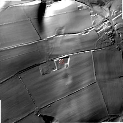 Shaded relief map of the ground around BA27SY, computed from Environment Agency LiDAR. The ground here sits at about 128 m above sea level and falls 57 m across the surrounding 800 m. Surface water reaching this point runs off ground lying to the east-north-east, 14.4 m higher.