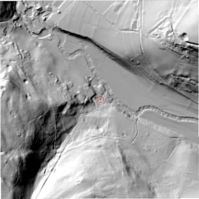 Shaded relief map of the ground around BA27UE, computed from Environment Agency LiDAR. The ground here sits at about 33 m above sea level and falls 82 m across the surrounding 800 m. Surface water reaching this point runs off ground lying to the south-west, 78.3 m higher.