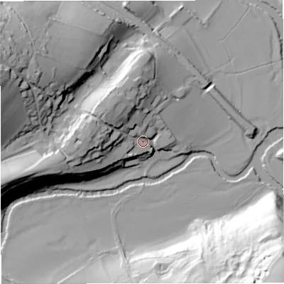 Shaded relief map of the ground around BA27WG, computed from Environment Agency LiDAR. The ground here sits at about 35 m above sea level and falls 76 m across the surrounding 800 m. Surface water reaching this point runs off ground lying to the west-north-west, 21.7 m higher.