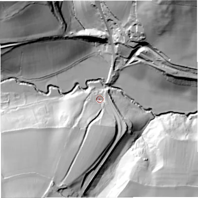 Shaded relief map of the ground around BA28BW, computed from Environment Agency LiDAR. The ground here sits at about 55 m above sea level and falls 64 m across the surrounding 800 m. Surface water reaching this point runs off ground lying to the south-south-west, 42.7 m higher.