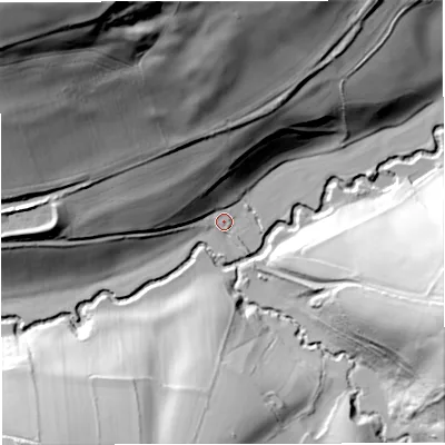 Shaded relief map of the ground around BA28QT, computed from Environment Agency LiDAR. The ground here sits at about 43 m above sea level and falls 94 m across the surrounding 800 m. Surface water reaching this point runs off ground lying to the north-north-west, 69.6 m higher.