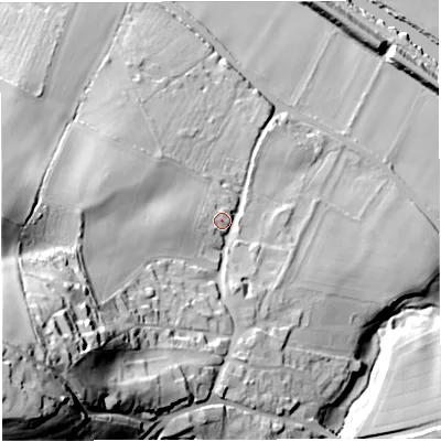 Shaded relief map of the ground around BA29AE, computed from Environment Agency LiDAR. The ground here sits at about 33 m above sea level and falls 79 m across the surrounding 800 m. Surface water reaching this point runs off ground lying to the west-south-west, 57.6 m higher.