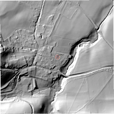 Shaded relief map of the ground around BA29AS, computed from Environment Agency LiDAR. The ground here sits at about 34 m above sea level and falls 59 m across the surrounding 800 m. Surface water reaching this point runs off ground lying to the west-south-west, 9.3 m higher.