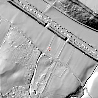 Shaded relief map of the ground around BA29DJ, computed from Environment Agency LiDAR. The ground here sits at about 19 m above sea level and falls 56 m across the surrounding 800 m. Surface water reaching this point runs off ground lying to the south-west, 41.4 m higher.