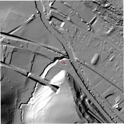Shaded relief map of the ground around BA29EL, computed from Environment Agency LiDAR. The ground here sits at about 18 m above sea level and falls 51 m across the surrounding 800 m. Surface water reaching this point runs off ground lying to the south, 50.7 m higher.
