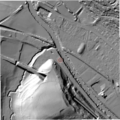 Shaded relief map of the ground around BA29ER, computed from Environment Agency LiDAR. The ground here sits at about 19 m above sea level and falls 51 m across the surrounding 800 m. Surface water reaching this point runs off ground lying to the south, 51.1 m higher.