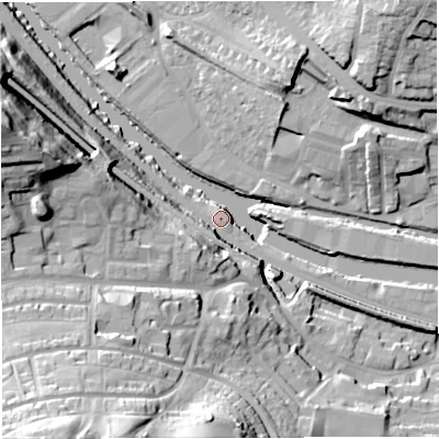 Shaded relief map of the ground around BA29ES, computed from Environment Agency LiDAR. The ground here sits at about 18 m above sea level and falls 54 m across the surrounding 800 m. Surface water reaching this point runs off ground lying to the south-west, 53.8 m higher.
