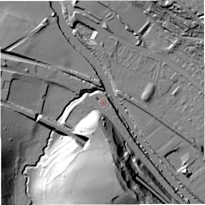 Shaded relief map of the ground around BA29ET, computed from Environment Agency LiDAR. The ground here sits at about 18 m above sea level and falls 51 m across the surrounding 800 m. Surface water reaching this point runs off ground lying to the south, 45.7 m higher.