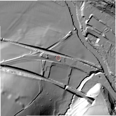 Shaded relief map of the ground around BA29EU, computed from Environment Agency LiDAR. The ground here sits at about 22 m above sea level and falls 55 m across the surrounding 800 m. Surface water reaching this point runs off ground lying to the west, 7.0 m higher.