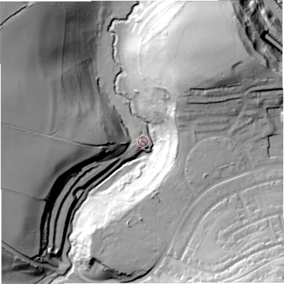 Shaded relief map of the ground around BA29JF, computed from Environment Agency LiDAR. The ground here sits at about 24 m above sea level and falls 60 m across the surrounding 800 m. Surface water reaching this point runs off ground lying to the south-south-east, 47.4 m higher.