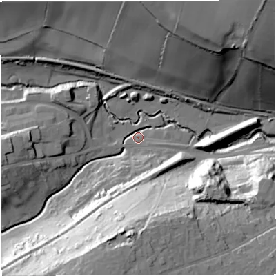 Shaded relief map of the ground around BA32AA, computed from Environment Agency LiDAR. The ground here sits at about 75 m above sea level and falls 49 m across the surrounding 800 m. Surface water reaching this point runs off ground lying to the south-south-west, 49.2 m higher.