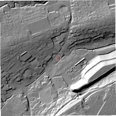 Shaded relief map of the ground around BA32DE, computed from Environment Agency LiDAR. The ground here sits at about 83 m above sea level and falls 47 m across the surrounding 800 m. Surface water reaching this point runs off ground lying to the south-south-east, 43.2 m higher.