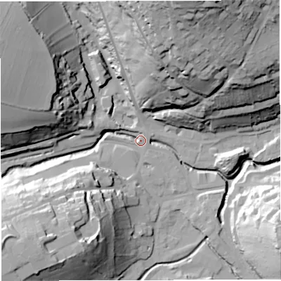 Shaded relief map of the ground around BA33AA, computed from Environment Agency LiDAR. The ground here sits at about 70 m above sea level and falls 63 m across the surrounding 800 m. Surface water reaching this point runs off ground lying to the west-north-west, 40.0 m higher.
