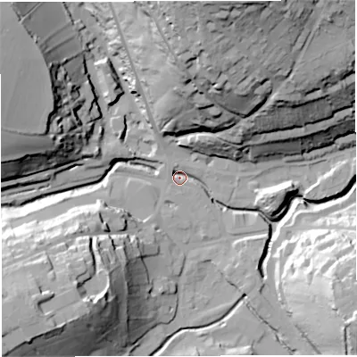 Shaded relief map of the ground around BA33AB, computed from Environment Agency LiDAR. The ground here sits at about 68 m above sea level and falls 61 m across the surrounding 800 m. Surface water reaching this point runs off ground lying to the west-north-west, 38.1 m higher.