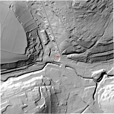 Shaded relief map of the ground around BA33AD, computed from Environment Agency LiDAR. The ground here sits at about 68 m above sea level and falls 72 m across the surrounding 800 m. Surface water reaching this point runs off ground lying to the north, 59.2 m higher.