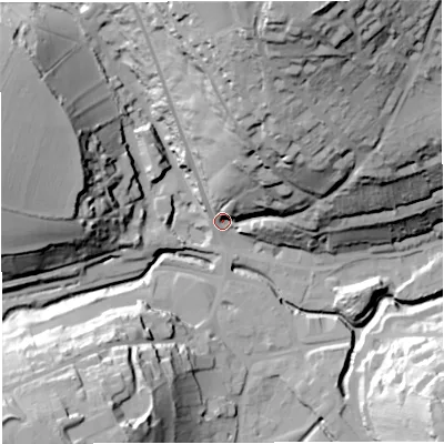 Shaded relief map of the ground around BA33AE, computed from Environment Agency LiDAR. The ground here sits at about 71 m above sea level and falls 72 m across the surrounding 800 m. Surface water reaching this point runs off ground lying to the north-north-east, 66.4 m higher.