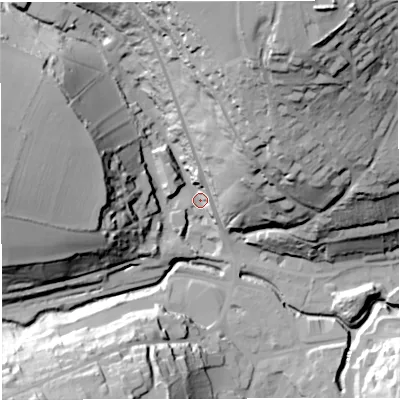 Shaded relief map of the ground around BA33AH, computed from Environment Agency LiDAR. The ground here sits at about 70 m above sea level and falls 76 m across the surrounding 800 m. Surface water reaching this point runs off ground lying to the north-north-east, 71.0 m higher.