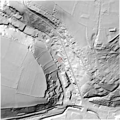 Shaded relief map of the ground around BA33AJ, computed from Environment Agency LiDAR. The ground here sits at about 73 m above sea level and falls 79 m across the surrounding 800 m. Surface water reaching this point runs off ground lying to the north-north-east, 72.4 m higher.