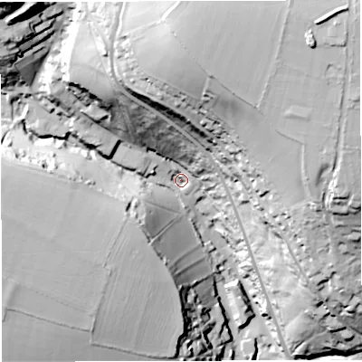 Shaded relief map of the ground around BA33AN, computed from Environment Agency LiDAR. The ground here sits at about 80 m above sea level and falls 81 m across the surrounding 800 m. Surface water reaching this point runs off ground lying to the north-north-east, 69.6 m higher.