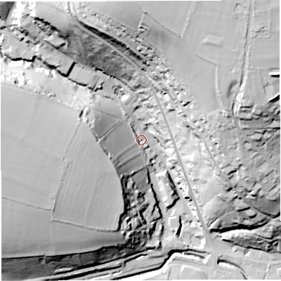 Shaded relief map of the ground around BA33AR, computed from Environment Agency LiDAR. The ground here sits at about 75 m above sea level and falls 79 m across the surrounding 800 m. Surface water reaching this point runs off ground lying to the north-north-east, 71.5 m higher.