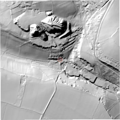 Shaded relief map of the ground around BA33BG, computed from Environment Agency LiDAR. The ground here sits at about 94 m above sea level and falls 72 m across the surrounding 800 m. Surface water reaching this point runs off ground lying to the north, 59.7 m higher.