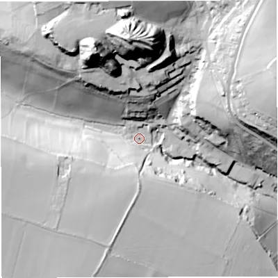 Shaded relief map of the ground around BA33BQ, computed from Environment Agency LiDAR. The ground here sits at about 90 m above sea level and falls 72 m across the surrounding 800 m. Surface water reaching this point runs off ground lying to the north, 62.8 m higher.